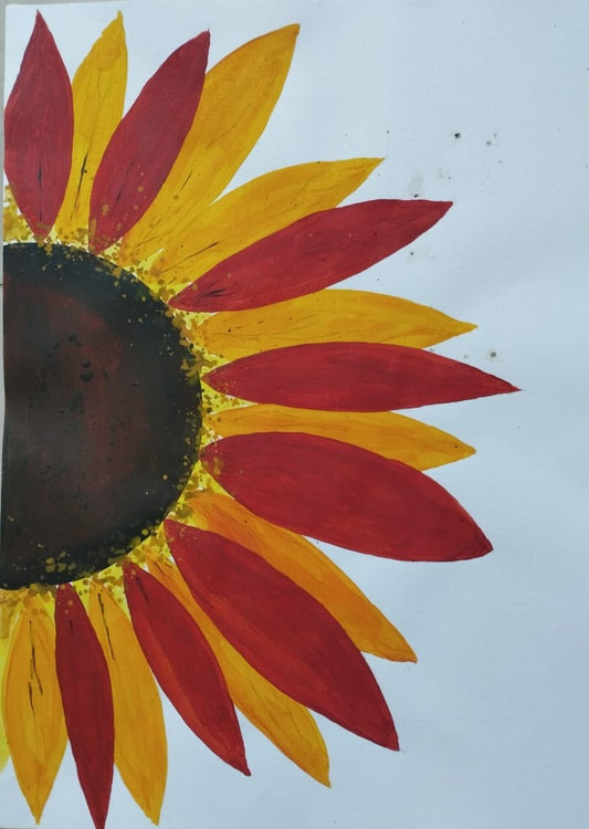 Artistic depiction of a sunflower with red and yellow petals on a light gray background